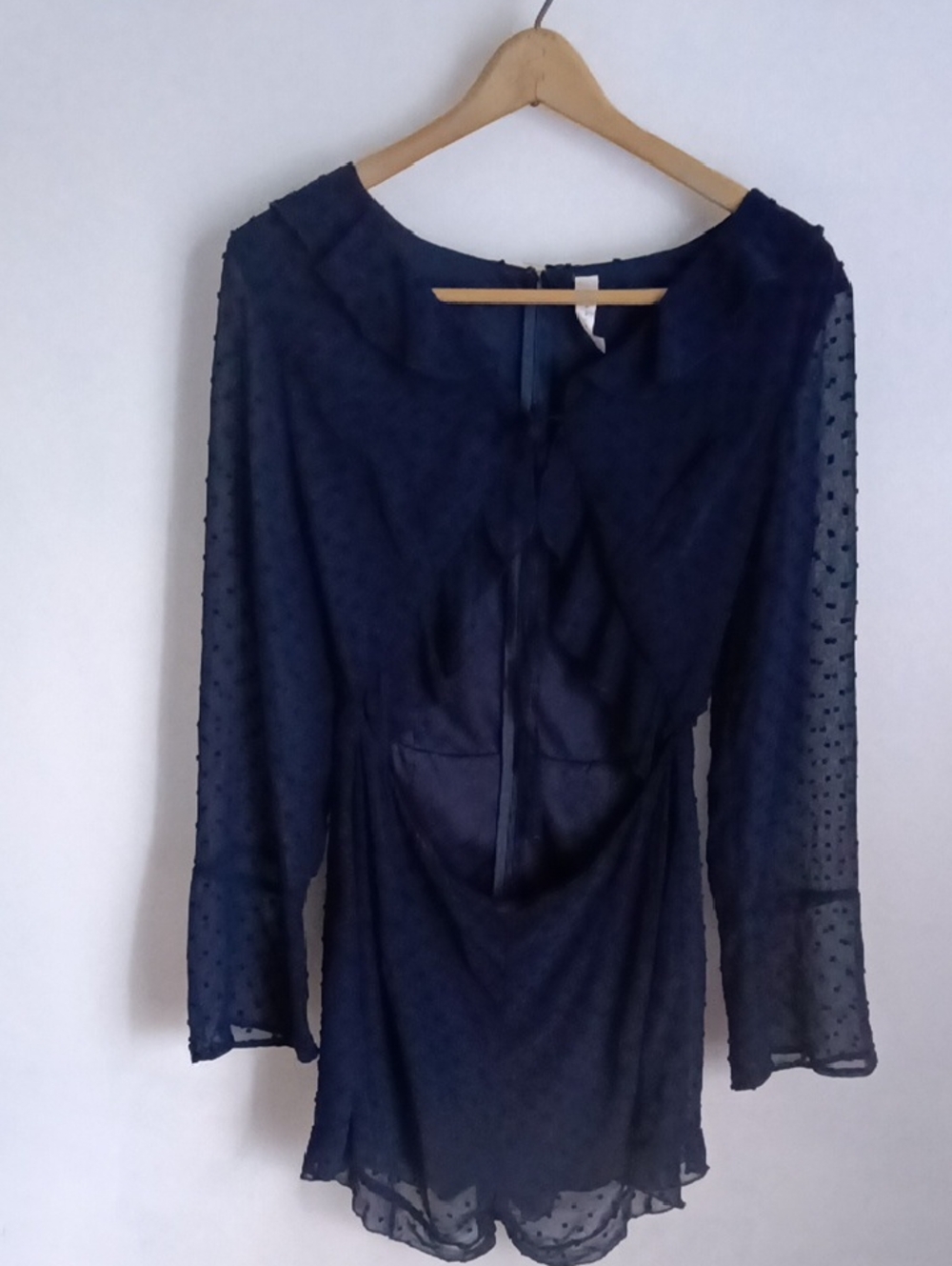 Blue Blush Navy Textured Long-Sleeve Romper With Cutout Mid Section. Cute Shear